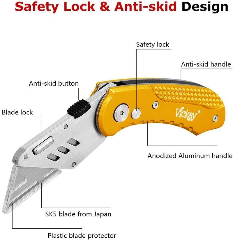 Vickay Folding Utility Knife Box Cutter Utility Blades Heavy Duty with 5 SK5 Quick Change Blades, Safety Axis Lock Design Razor Knife, Lightweight Aluminum Body Belt Clip for Office (yellow) - Image 3